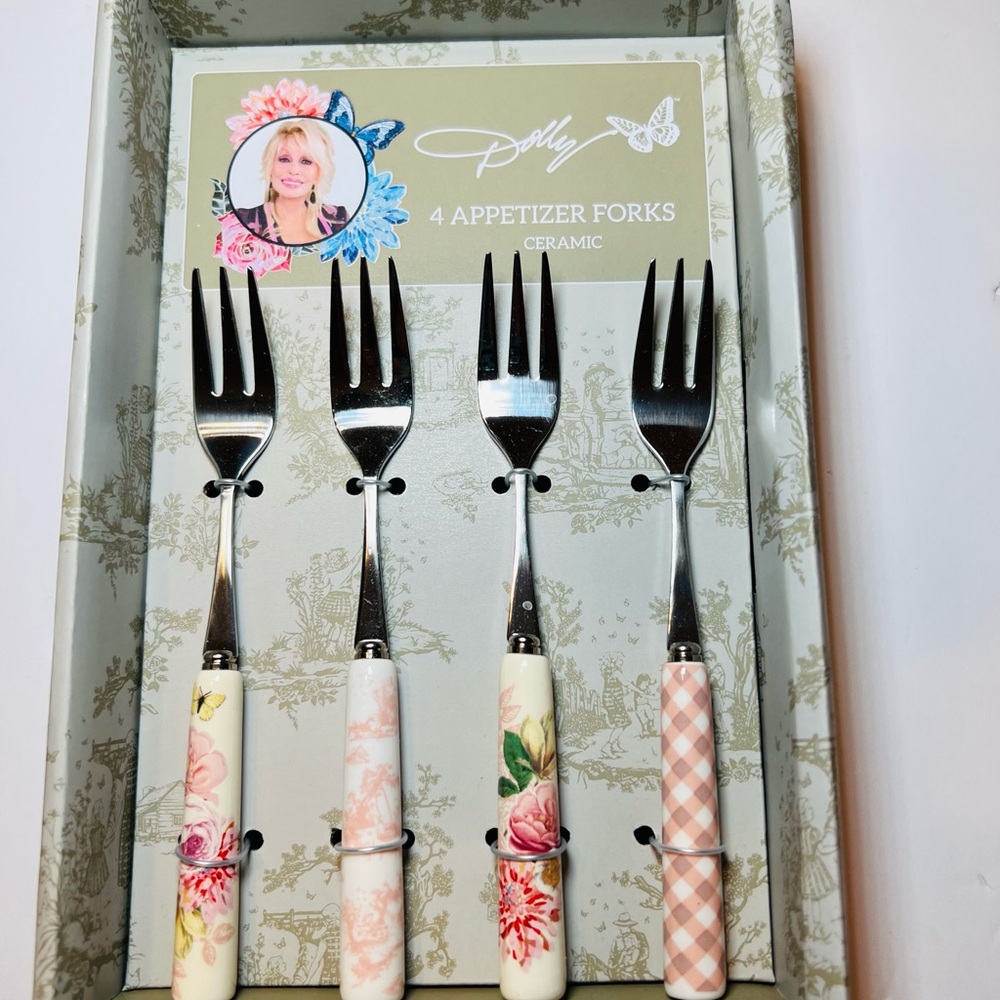 4 Dolly Parton Appetizer Forks Ceramic Handles Pink White Flowers Gingham - Picture 10 of 11